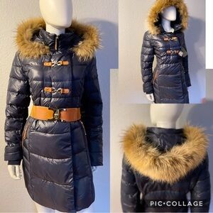 NWT WOMEN WINTER‎ DOWN PUFFER REAL RACCOON FUR TRIM HOOD NAVY PARKA COAT JACKET